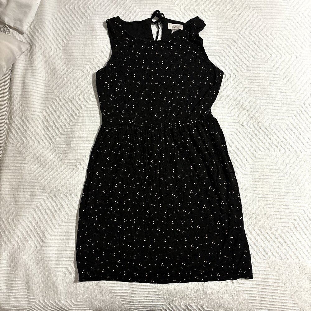 LOFT Dress sleeveless Black with white polka dots streach with tie in the back